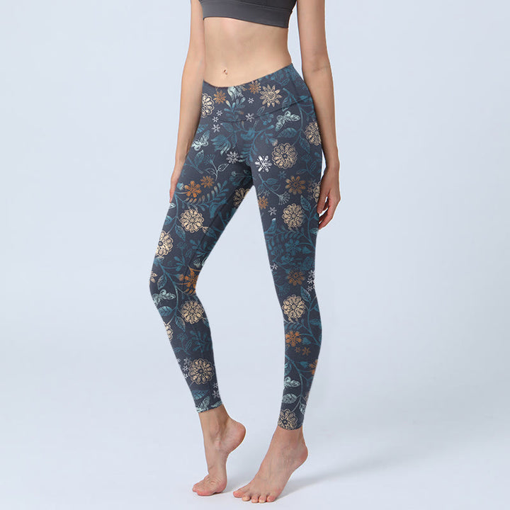 Buddha Stones New York Aster Flowers Leaves Print Gym Fitness Leggings Women's Yoga Pants - SteelBlue - US18,UK/AU22,EU50 (4XL) - image 1