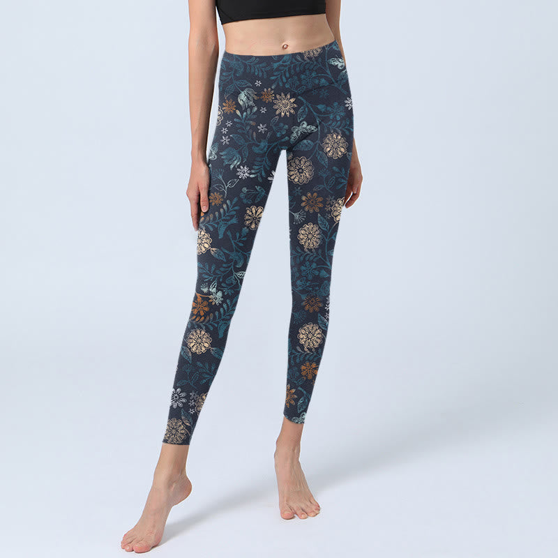 Buddha Stones New York Aster Flowers Leaves Print Gym Fitness Leggings Women's Yoga Pants - image 6