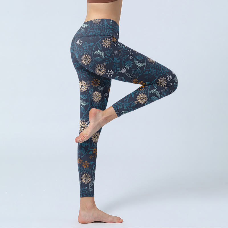 Buddha Stones New York Aster Flowers Leaves Print Gym Fitness Leggings Women's Yoga Pants - image 4