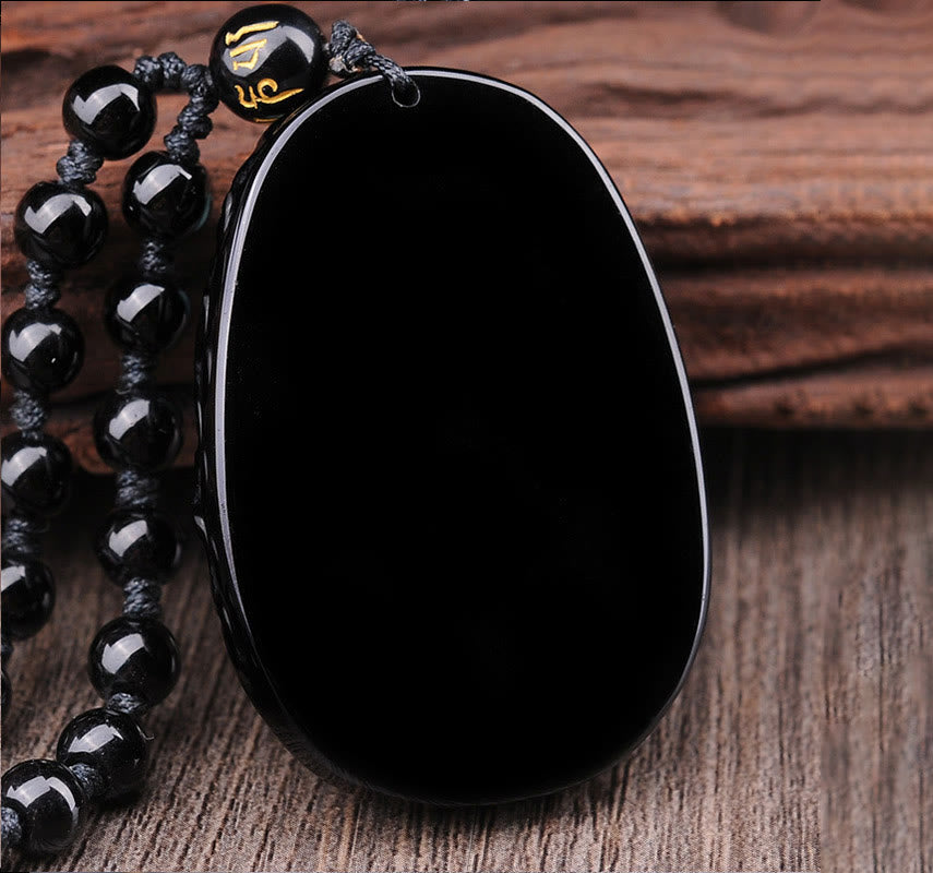 Buddha Stones Natural Black Obsidian PiXiu Oval Pattern Strength Necklace Pendant - image 4