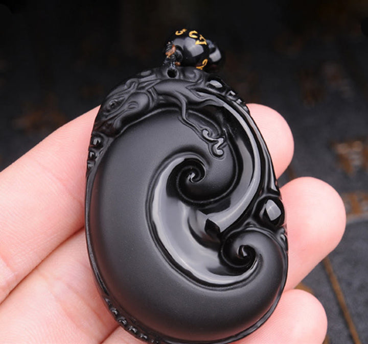 Buddha Stones Natural Black Obsidian PiXiu Oval Pattern Strength Necklace Pendant - image 5