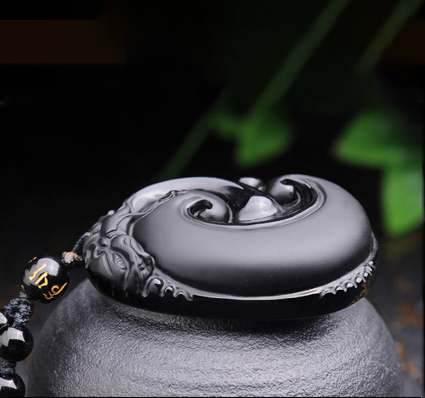 Buddha Stones Natural Black Obsidian PiXiu Oval Pattern Strength Necklace Pendant - image 8