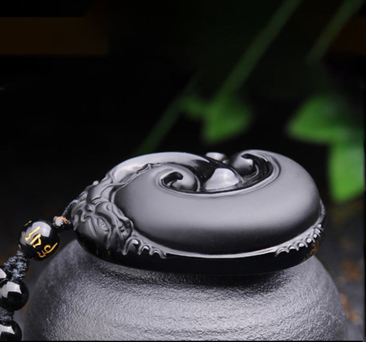 Buddha Stones Natural Black Obsidian PiXiu Oval Pattern Strength Necklace Pendant - image 8