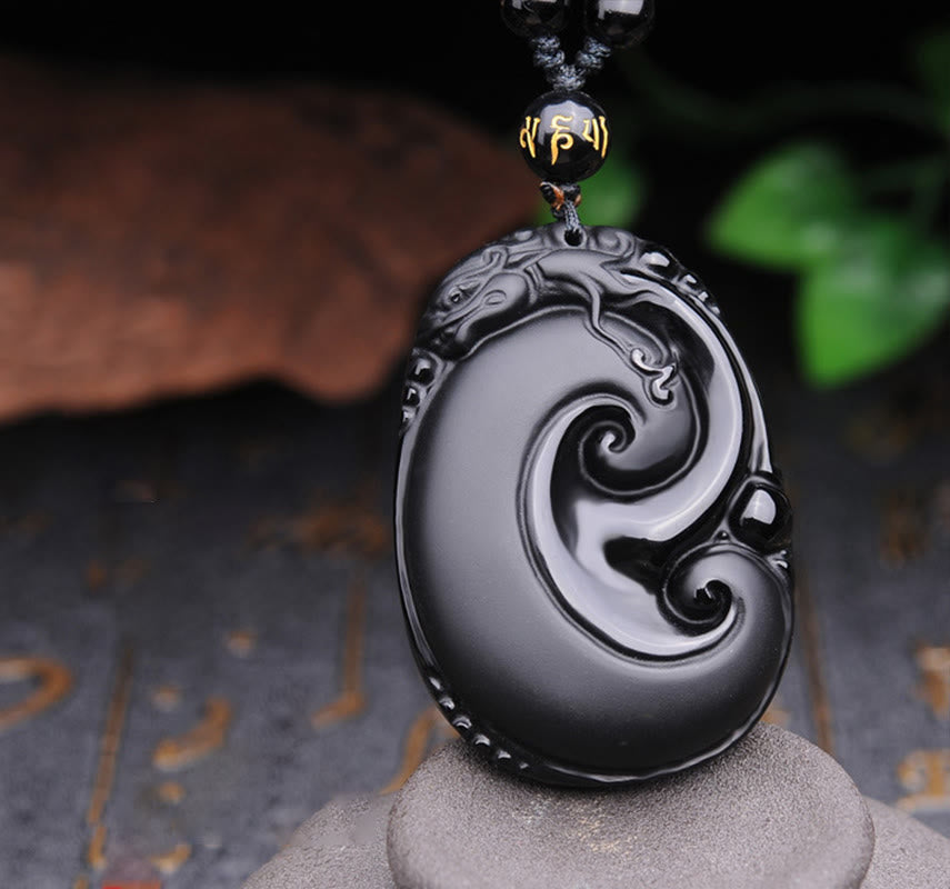 Buddha Stones Natural Black Obsidian PiXiu Oval Pattern Strength Necklace Pendant - Black Obsidian(Purification♥Transformation) - image 1