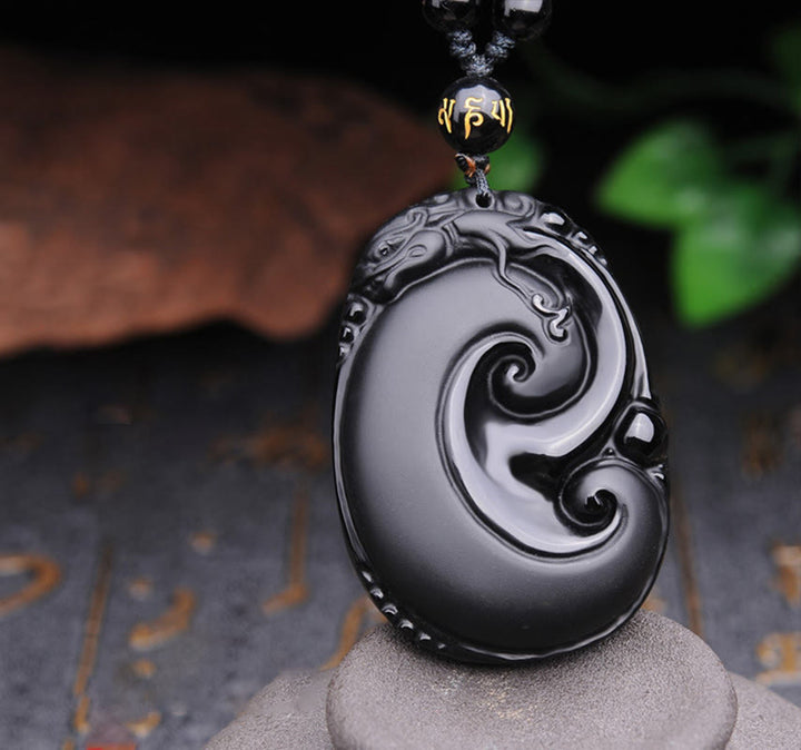 Buddha Stones Natural Black Obsidian PiXiu Oval Pattern Strength Necklace Pendant - Black Obsidian(Purification♥Transformation) - image 1