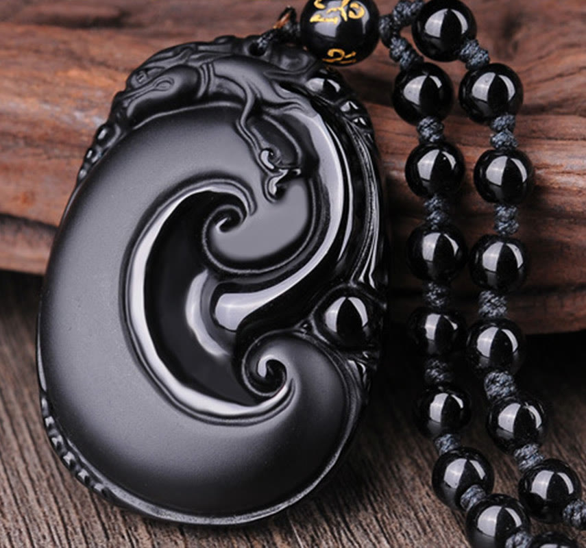 Buddha Stones Natural Black Obsidian PiXiu Oval Pattern Strength Necklace Pendant - image 3