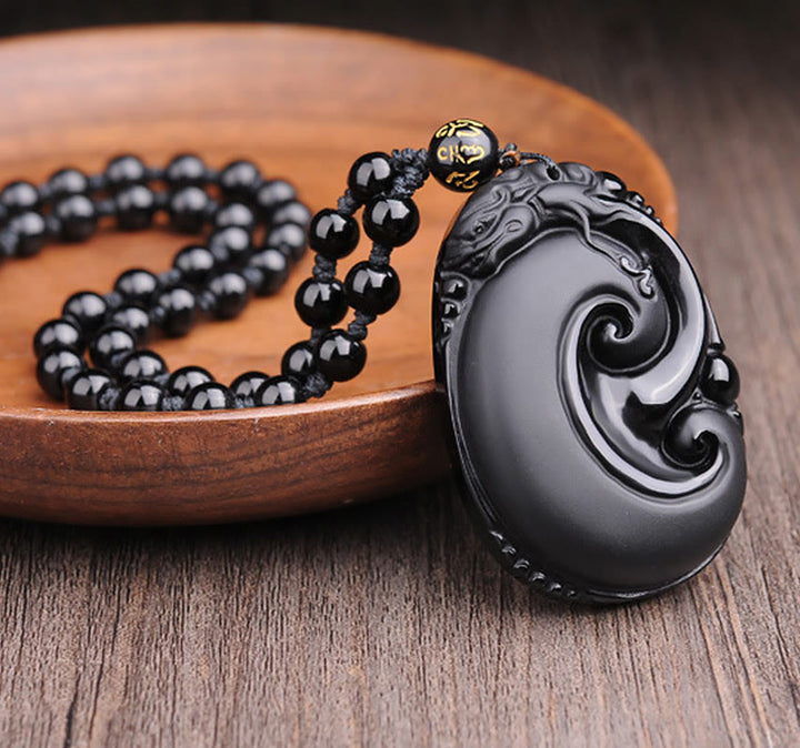 Buddha Stones Natural Black Obsidian PiXiu Oval Pattern Strength Necklace Pendant - image 2