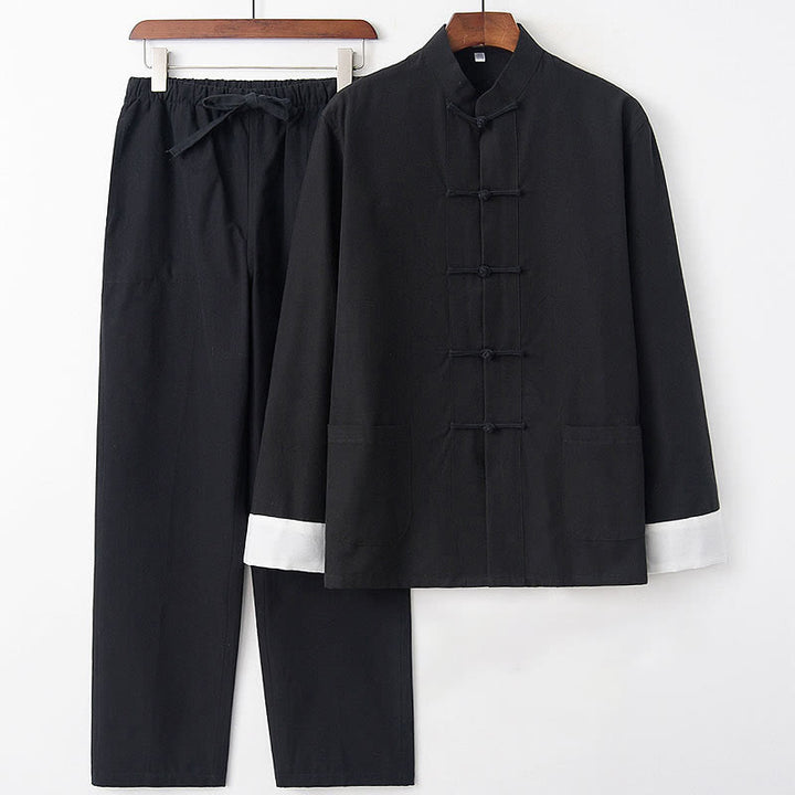 Buddha Stones 2Pcs Fall Men's Tang Suit Frog-Button Cotton Long Sleeve Shirt Pants Set - Black White Sleeve - US/UK/AU46,EU56 (5XL) - image 14