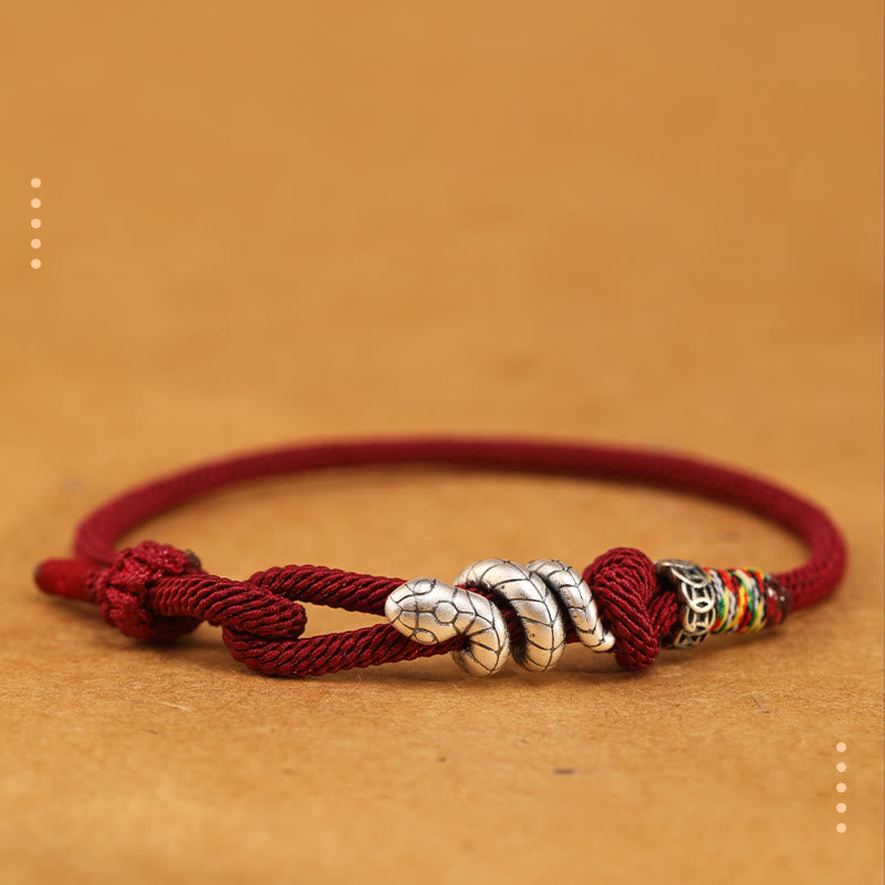 Buddha Stones Red String 925 Sterling Silver Year of the Snake Coin Ring Snake Luck Bracelet - Dark Red - 18-20cm - image 0
