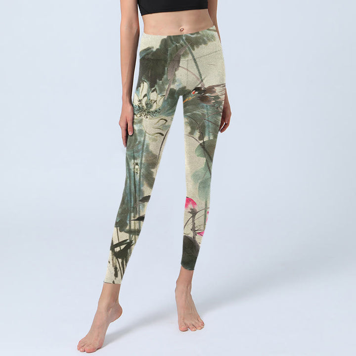 Buddha Stones Lotus Bamboo Leaves Print Gym Leggings Women's Yoga Pants - image 6
