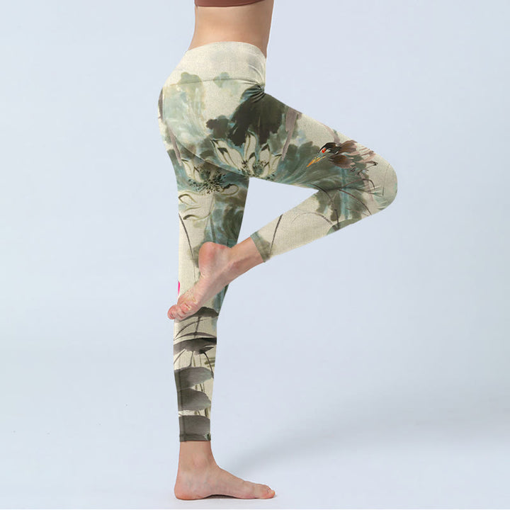 Buddha Stones Lotus Bamboo Leaves Print Gym Leggings Women's Yoga Pants - image 4