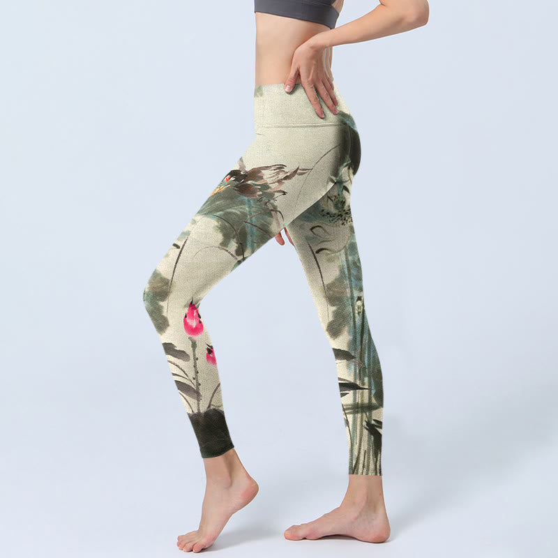 Buddha Stones Lotus Bamboo Leaves Print Gym Leggings Women's Yoga Pants - image 3