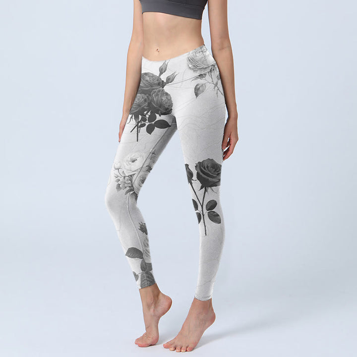 Buddha Stones Black White Rose Gym Leggings Women's Yoga Pants - White - US18,UK/AU22,EU50 (4XL) - image 1