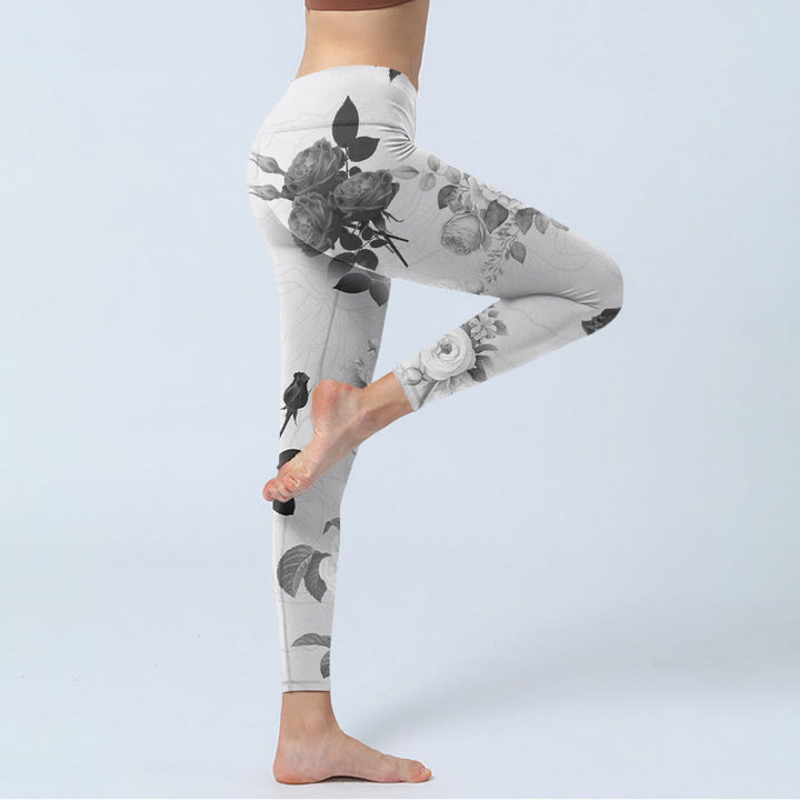 Buddha Stones Black White Rose Gym Leggings Women's Yoga Pants - image 4