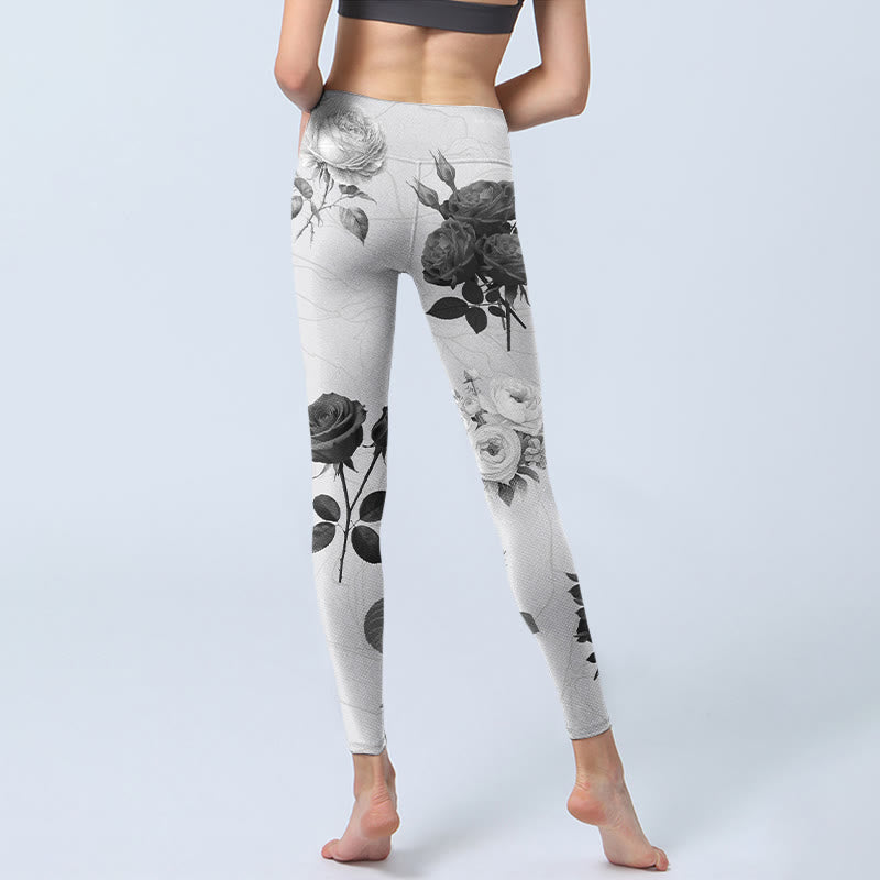 Buddha Stones Black White Rose Gym Leggings Women's Yoga Pants - image 7