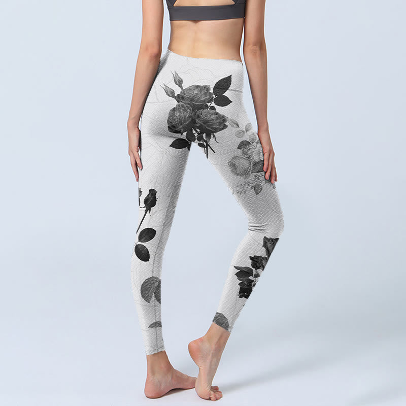 Buddha Stones Black White Rose Gym Leggings Women's Yoga Pants - image 5