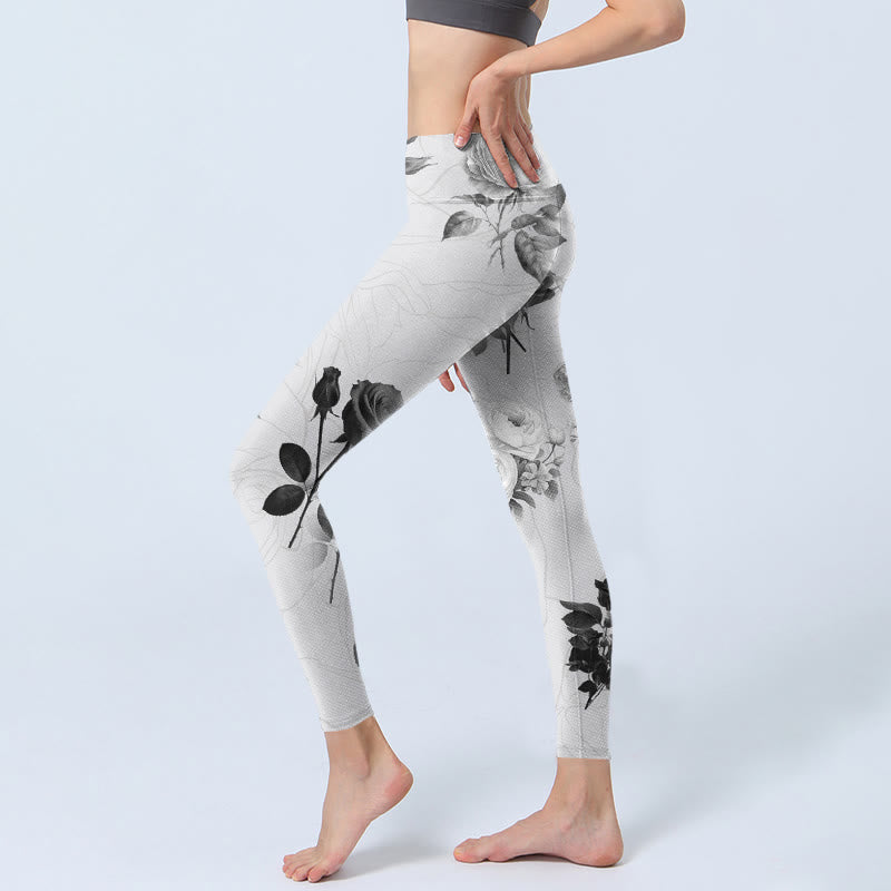Buddha Stones Black White Rose Gym Leggings Women's Yoga Pants - image 3