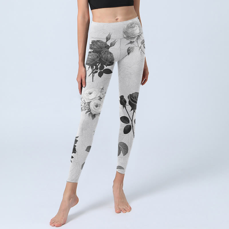 Buddha Stones Black White Rose Gym Leggings Women's Yoga Pants - image 6