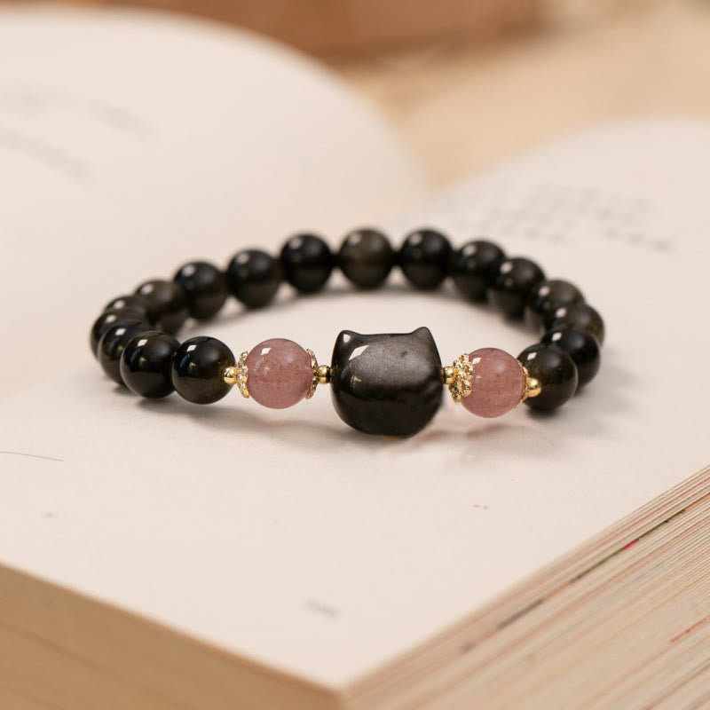 Buddha Stones Black Obsidian Strawberry Quartz Beads Silver Sheen Obsidian Cat Head Strength  Bracelet - image 2