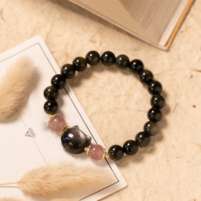 Buddha Stones Black Obsidian Strawberry Quartz Beads Silver Sheen Obsidian Cat Head Strength  Bracelet - Black Obsidian(Wrist Circumference: 15-17cm) - image 1