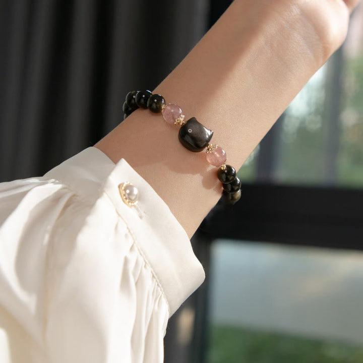 Buddha Stones Black Obsidian Strawberry Quartz Beads Silver Sheen Obsidian Cat Head Strength  Bracelet - image 5