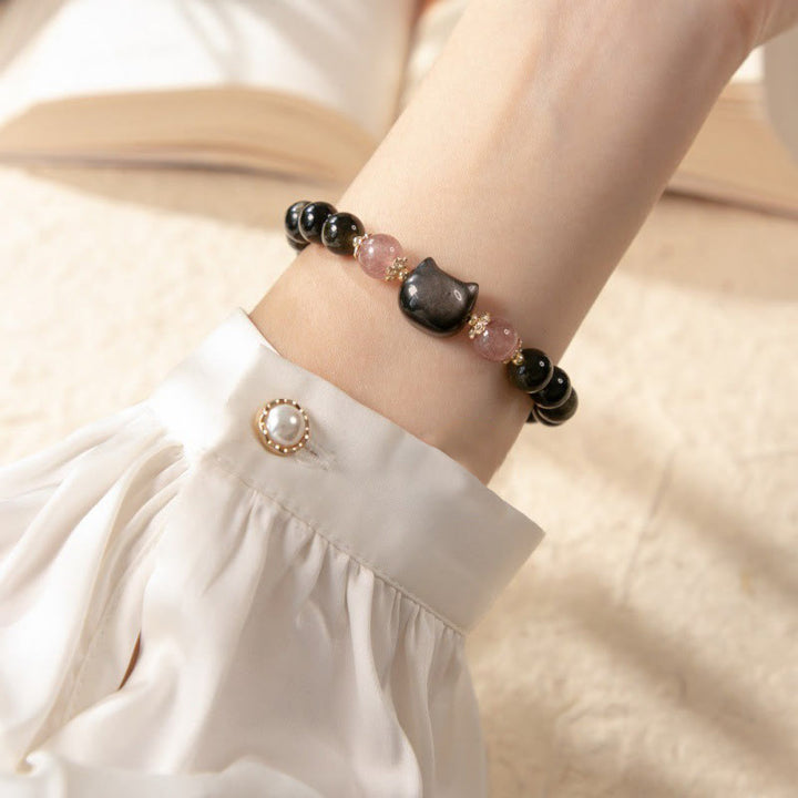 Buddha Stones Black Obsidian Strawberry Quartz Beads Silver Sheen Obsidian Cat Head Strength  Bracelet - image 4