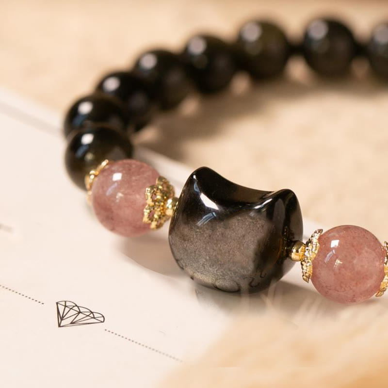 Buddha Stones Black Obsidian Strawberry Quartz Beads Silver Sheen Obsidian Cat Head Strength  Bracelet - image 3