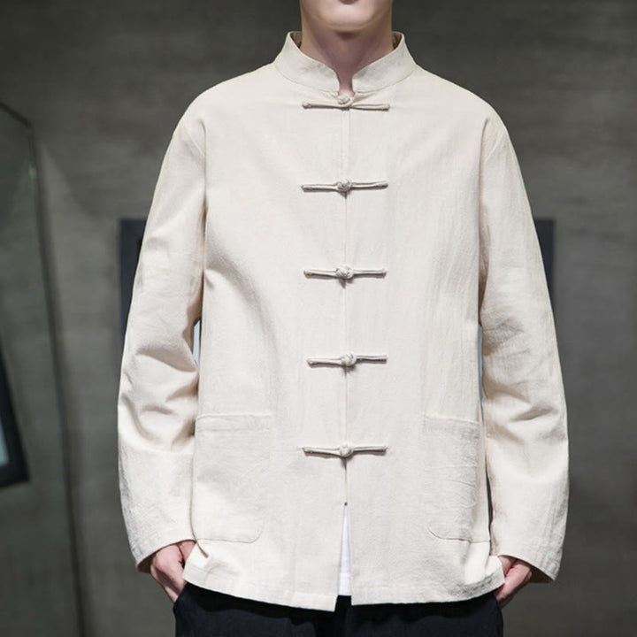 Buddha Stones Solid Color Frog-button Tang Suit Cotton Linen Men's Jacket Shirt With Pockets - image 17