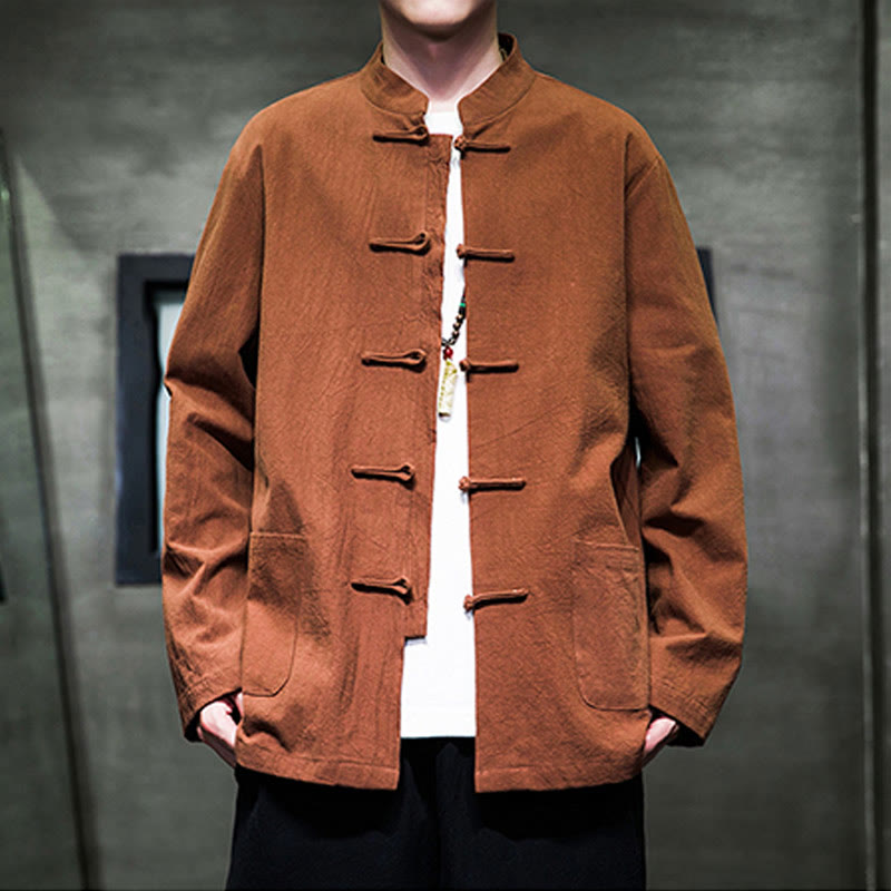 Buddha Stones Solid Color Frog-button Tang Suit Cotton Linen Men's Jacket Shirt With Pockets - Chocolate - US/UK/AU46,EU56 (5XL) - image 19
