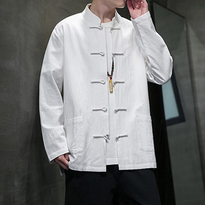 Buddha Stones Solid Color Frog-button Tang Suit Cotton Linen Men's Jacket Shirt With Pockets - image 43