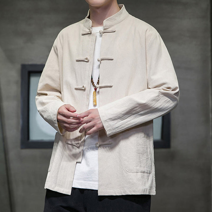 Buddha Stones Solid Color Frog-button Tang Suit Cotton Linen Men's Jacket Shirt With Pockets - image 12