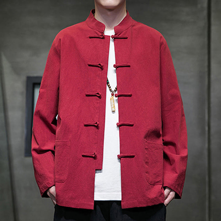 Buddha Stones Solid Color Frog-button Tang Suit Cotton Linen Men's Jacket Shirt With Pockets - Crimson - US/UK/AU46,EU56 (5XL) - image 33
