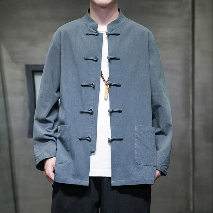 Buddha Stones Solid Color Frog-button Tang Suit Cotton Linen Men's Jacket Shirt With Pockets - SteelBlue - US/UK/AU46,EU56 (5XL) - image 0