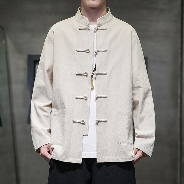 Buddha Stones Solid Color Frog-button Tang Suit Cotton Linen Men's Jacket Shirt With Pockets - Beige - US/UK/AU46,EU56 (5XL) - image 11