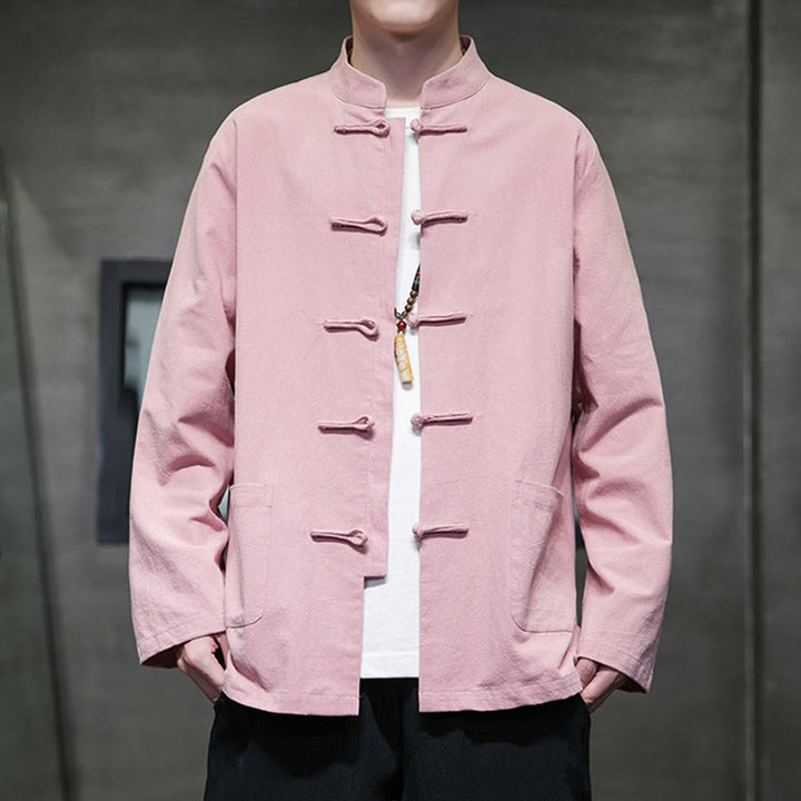 Buddha Stones Solid Color Frog-button Tang Suit Cotton Linen Men's Jacket Shirt With Pockets - LightPink - US/UK/AU46,EU56 (5XL) - image 25