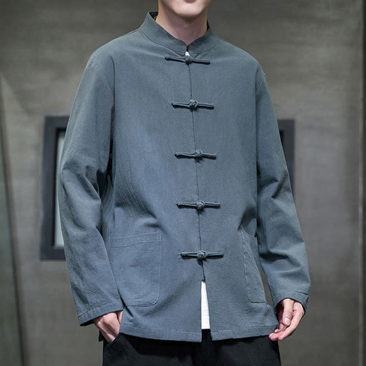 Buddha Stones Solid Color Frog-button Tang Suit Cotton Linen Men's Jacket Shirt With Pockets - image 5
