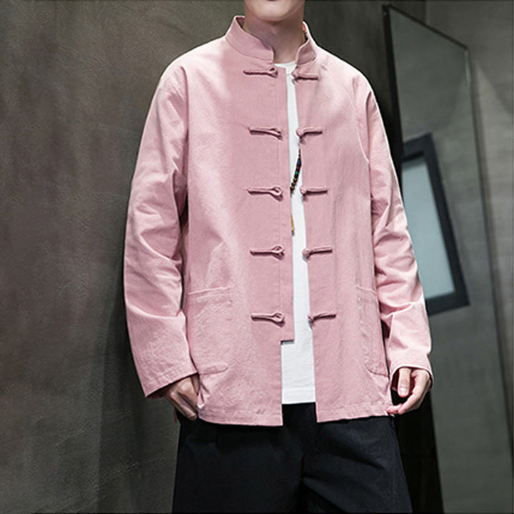 Buddha Stones Solid Color Frog-button Tang Suit Cotton Linen Men's Jacket Shirt With Pockets - image 28