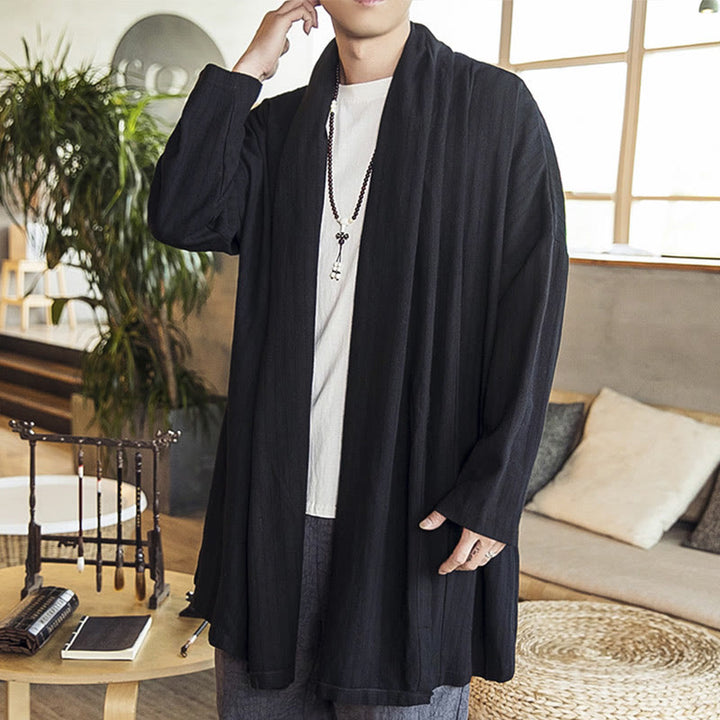 Buddha Stones Fall Simple Casual Loose Plain Linen Blend Men's Mid-length Coat Clothing - Black - US/UK/AU42,EU52 (3XL) - image 10