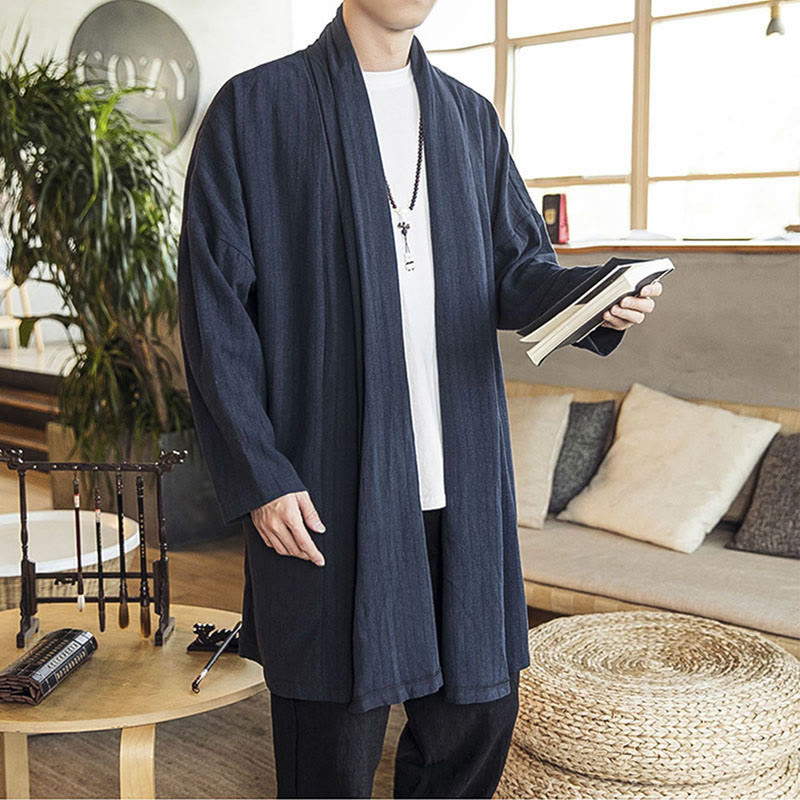 Buddha Stones Fall Simple Casual Loose Plain Linen Blend Men's Mid-length Coat Clothing - image 19
