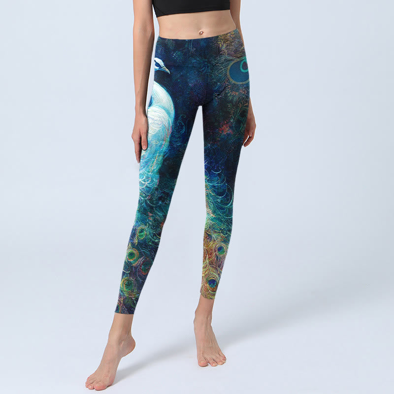 Buddha Stones Blue Peacock Colorful Feathers Print Gym Leggings Women's Yoga Pants - image 6