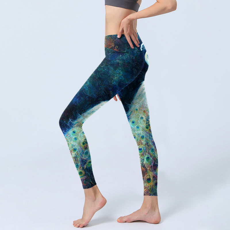 Buddha Stones Blue Peacock Colorful Feathers Print Gym Leggings Women's Yoga Pants - image 3