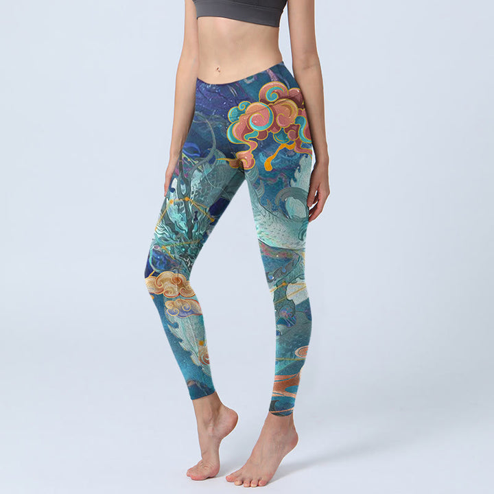 Buddha Stones Blue Dragon Auspicious Clouds Print Gym Leggings Women's Yoga Pants - SteelBlue - US18,UK/AU22,EU50 (4XL) - image 1
