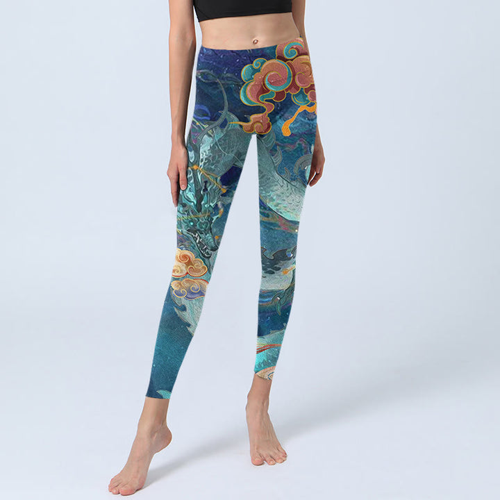 Buddha Stones Blue Dragon Auspicious Clouds Print Gym Leggings Women's Yoga Pants - image 6