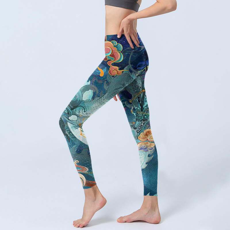 Buddha Stones Blue Dragon Auspicious Clouds Print Gym Leggings Women's Yoga Pants - image 3