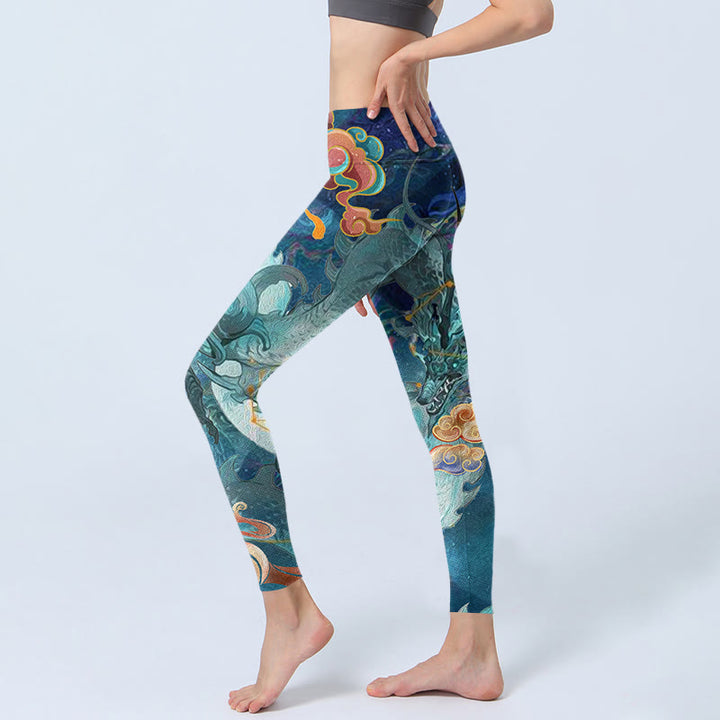 Buddha Stones Blue Dragon Auspicious Clouds Print Gym Leggings Women's Yoga Pants - image 3