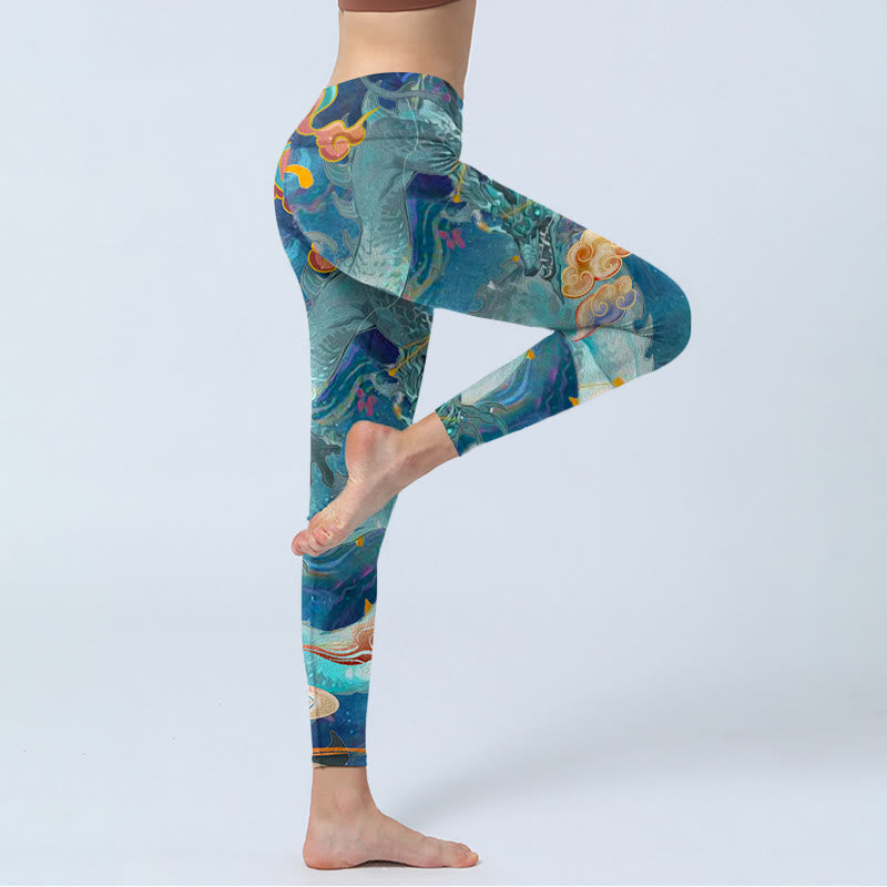 Buddha Stones Blue Dragon Auspicious Clouds Print Gym Leggings Women's Yoga Pants - image 4