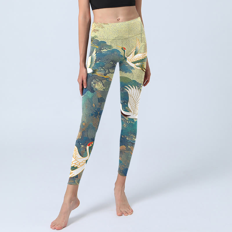 Buddha Stones Blue Red-crowned Crane Pine Tree Print Gym Leggings Women's Yoga Pants - image 6