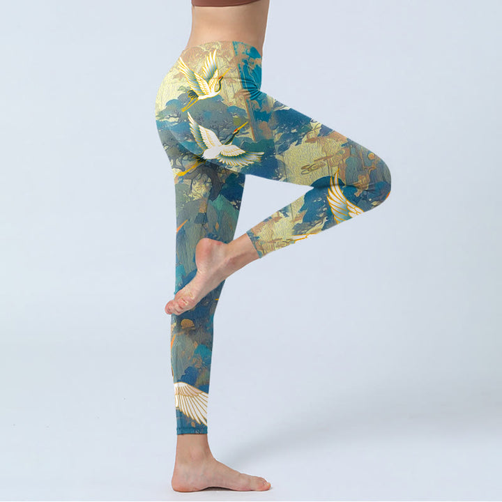 Buddha Stones Blue Red-crowned Crane Pine Tree Print Gym Leggings Women's Yoga Pants - image 4