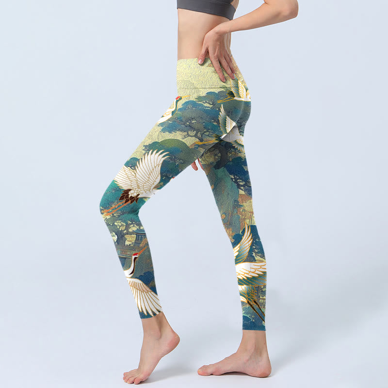 Buddha Stones Blue Red-crowned Crane Pine Tree Print Gym Leggings Women's Yoga Pants - image 3