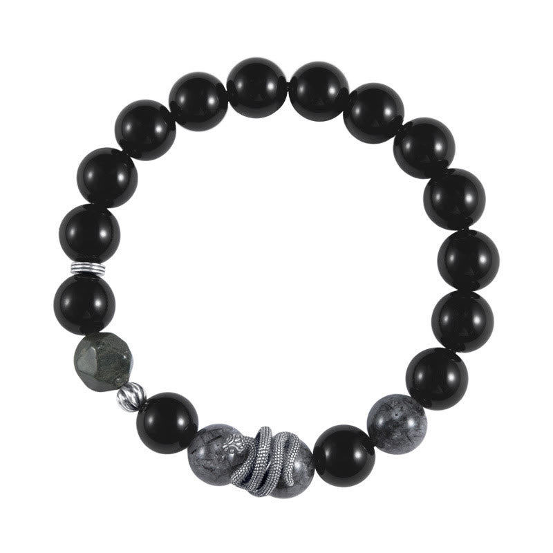 Buddha Stones Black Obsidian Black Rutilated Quartz 925 Sterling Silver Year Of The Snake Purification Bracelet - image 4